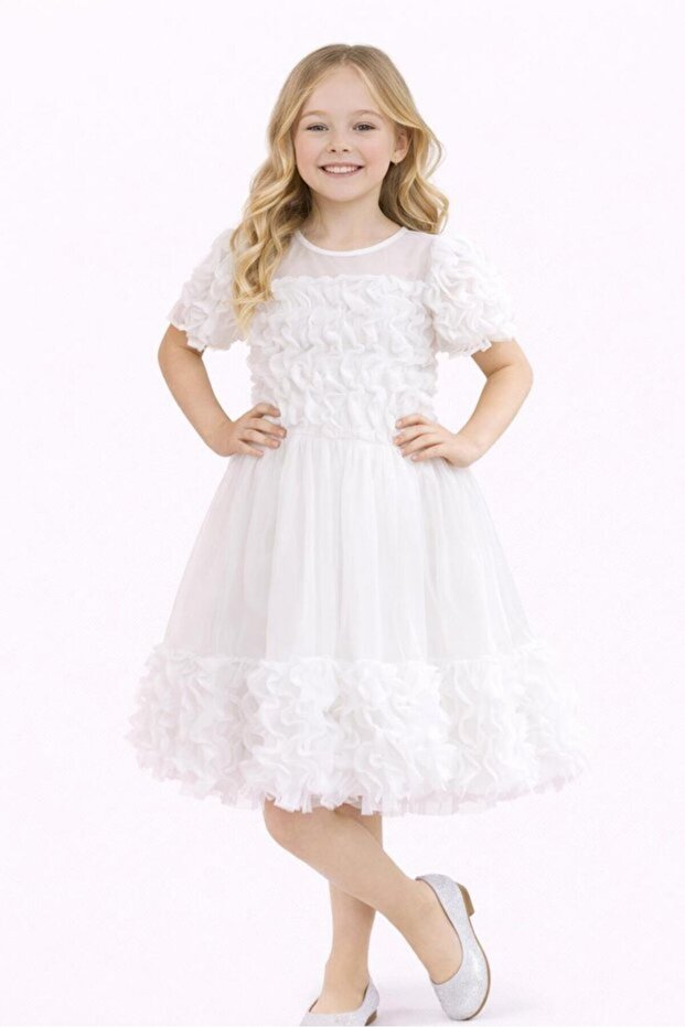 April 23 October 29 Show Dress Girls' White Ruffle Tulle Detailed Princess Dress Noble 24
