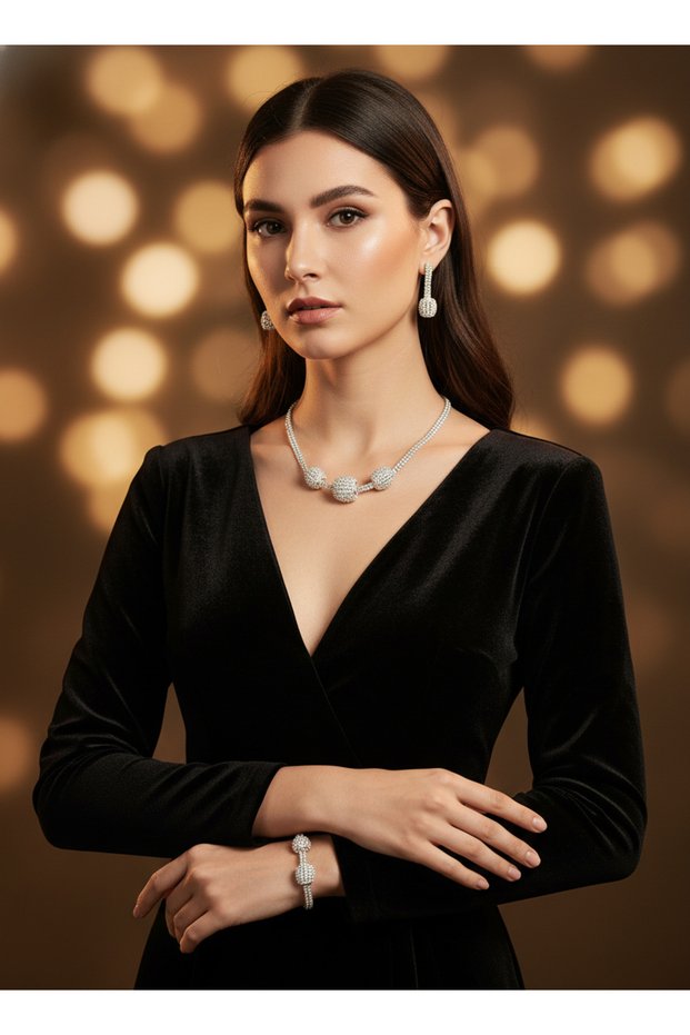 Zircon Stone Three-Ball Detailed Necklace, Earrings and Bracelet Set – Stylish Evening Dress Jewelry Set