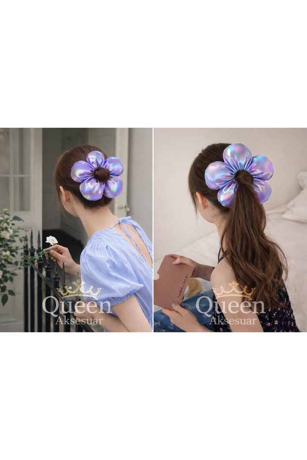 Fashion Trend Oversized Fluffy Sponge Daisy Hologram Bright Colorful Lilac Purple Bagel Rubber Buckle