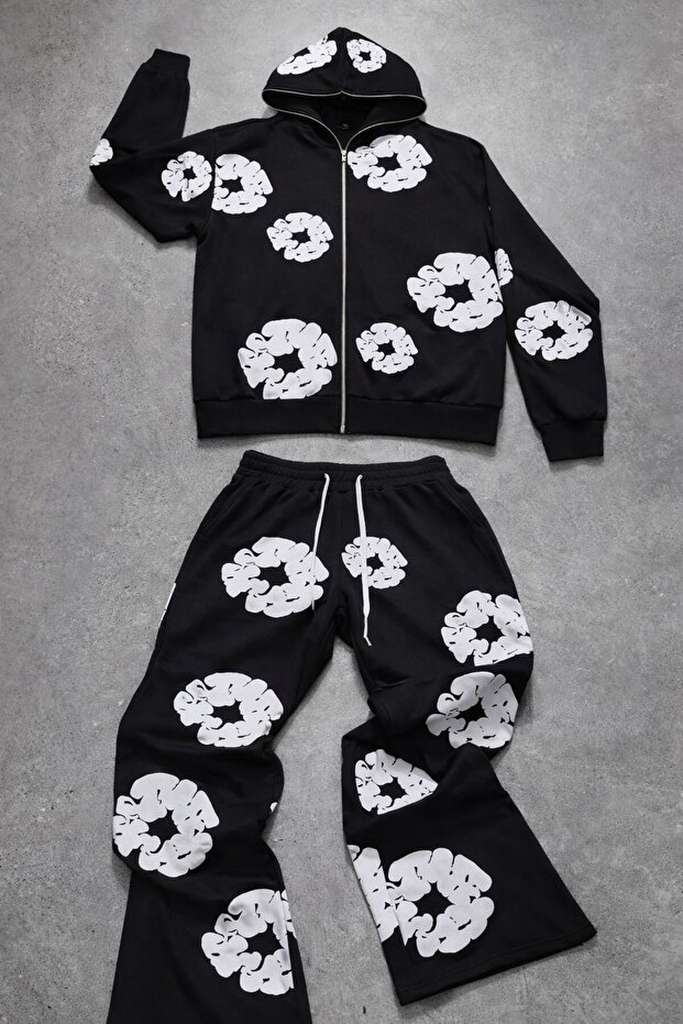 Unisex Patterned Tracksuit Set – Zip-Up Hoodie and Relaxed Fit Bottom Streetwear Combo