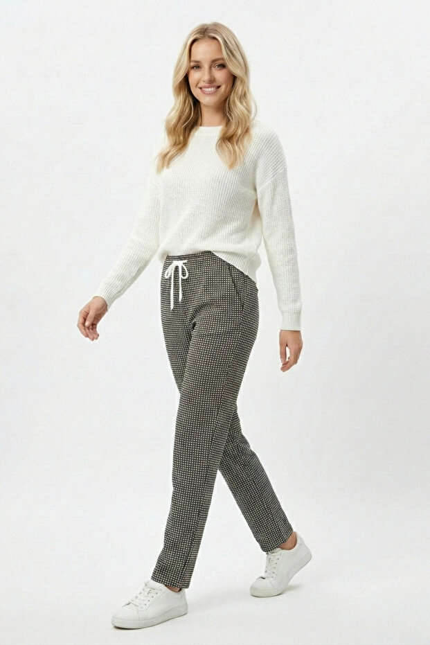 Stretchy Fabric Waterway Waist Elasticated Small Check Pattern Comfortable Fit High Waist Seasonal Casual Trousers