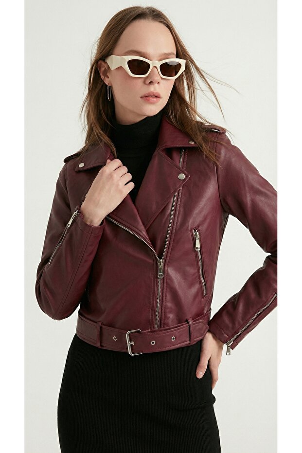 Women's Burgundy Zipper Detailed Leather Jacket