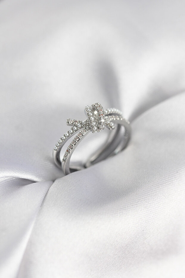 Silver Color Pearl and Zircon Stone Knot Women's Ring -