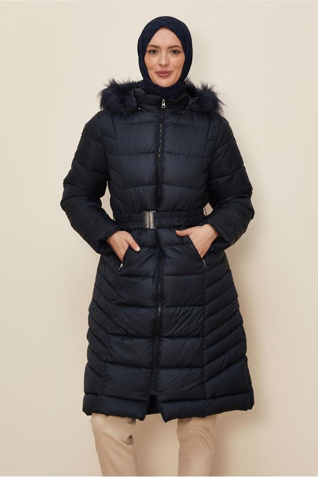 INFLATABLE COAT WITH HOODED FUR AND BELT 90327