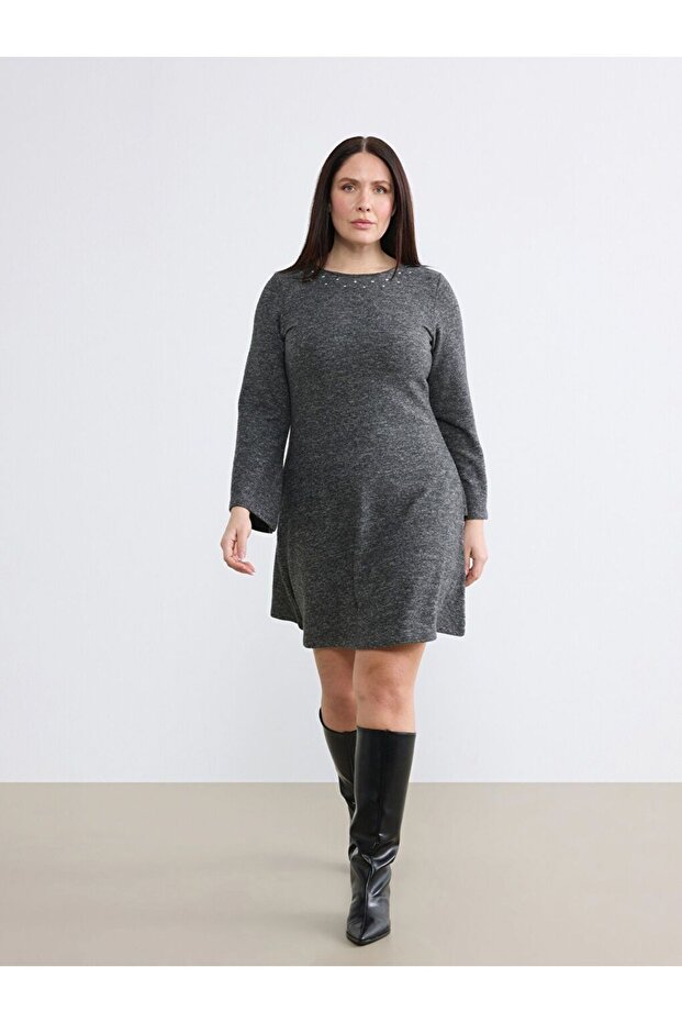 Plus Size Crew Neck A-Line Dress with Stones