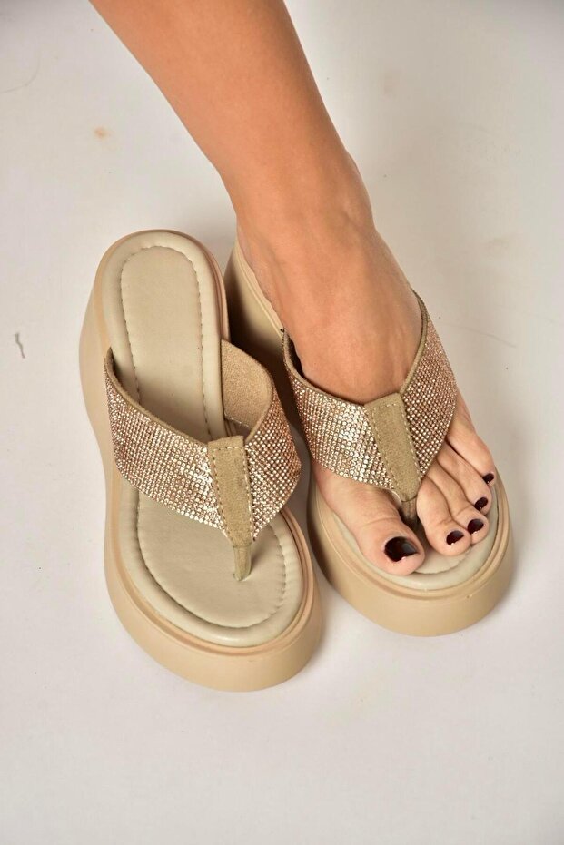 Y973525309 Beige Stone Detailed Flip Flops with Thick Soles for Women