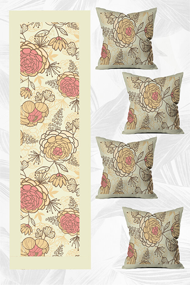 Special Design Runner and 4-Piece Throw Pillow Cover Set 5 Pieces (140x40) (43x43 Cm)