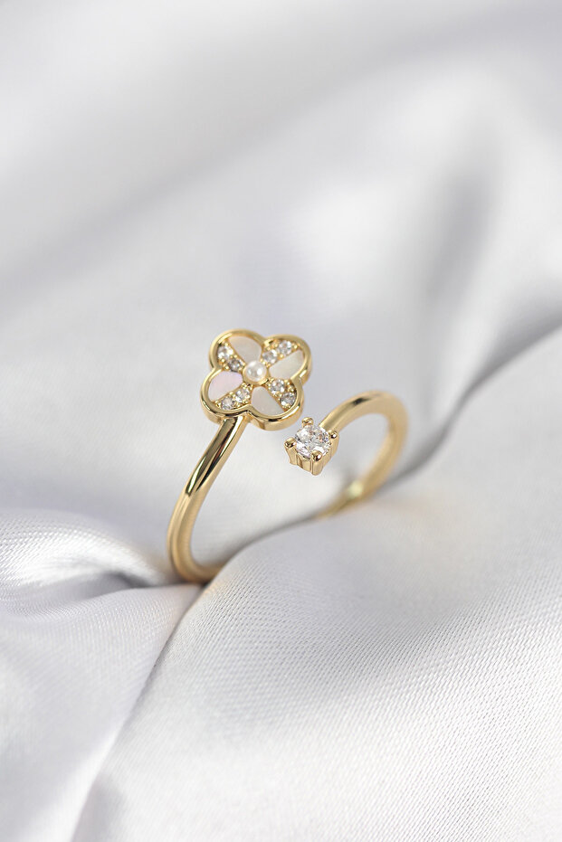 Gold Color Zircon Stone Clover Model Women's Ring - Ebj260214W39599