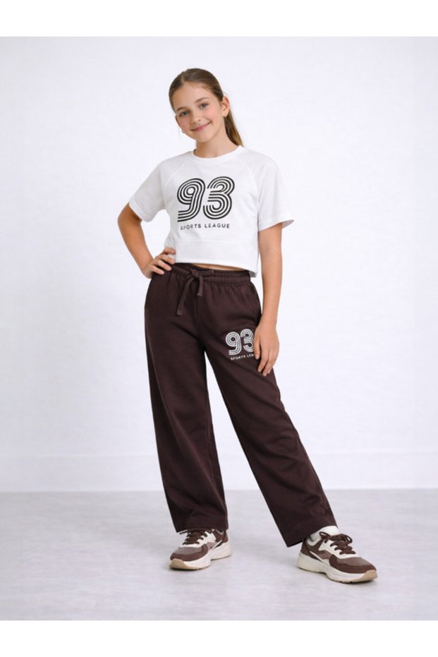 Girls 2 Pc Set “93 Sports League” T-Shirt & Pants Set – White & Brown