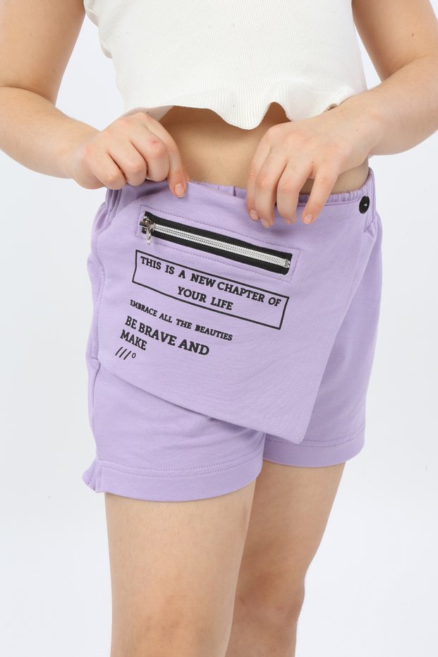 Girl's Printed Asymmetrical Shorts with Elastic Waist and Wrap Closure - Zipper Pocket Detail