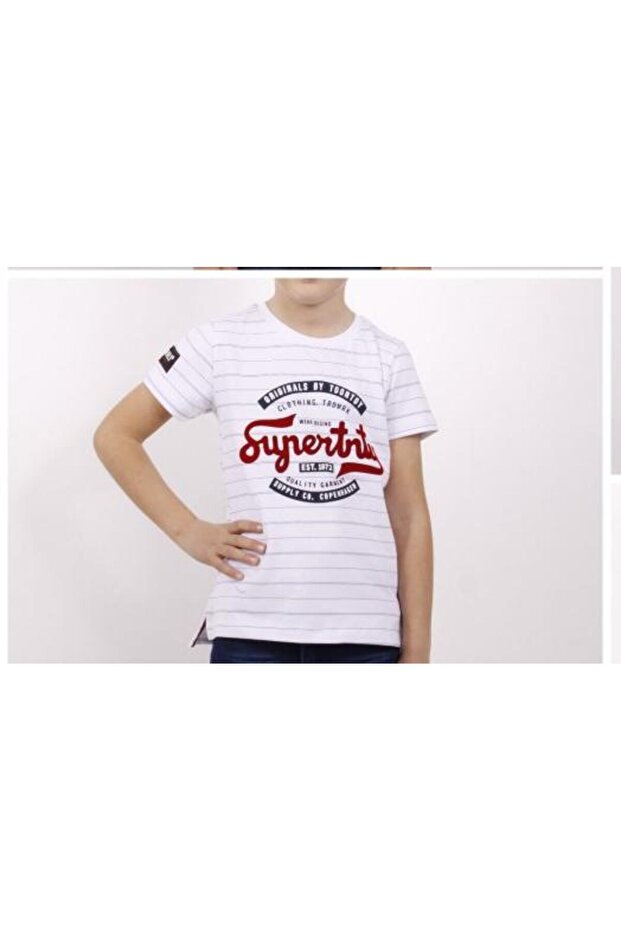 Boy's Printed Crew Neck Short Sleeve Striped T-Shirt - Slit Design