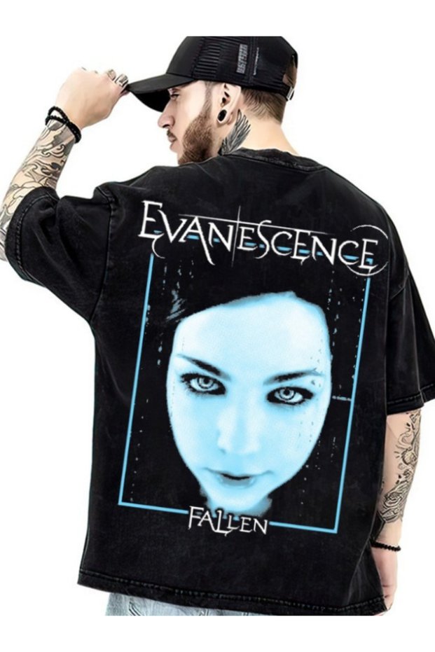 Unisex Washed Oversize 100% Cotton Back and Front Printed Crew Neck Street Style T-Shirt Evanescence