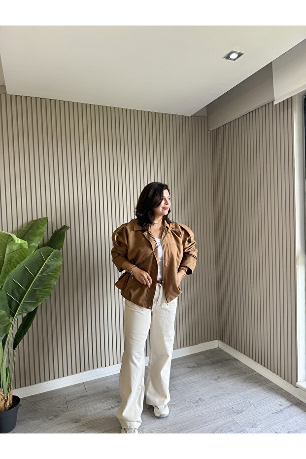 Taba Renk Süet Bomber Ceket - 4