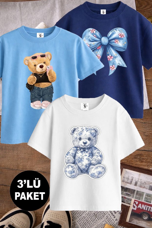 Teddy Bear Teddy Bear and Ribbon Printed 3-Pack Navy Blue-Blue-White Girls' T-Shirt