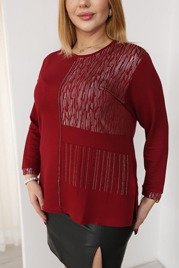 بلوزة فضية منقوشة بالحجارة مقاس كبير - 6