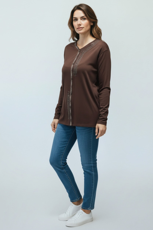 Women's Front Closed Button Detail Stone-Embellished Narcissus Seasonal Bluse