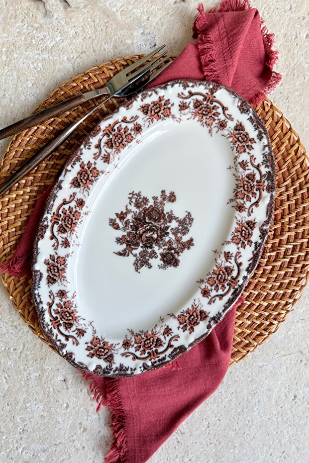 Antique Rose 2-Piece 30 cm Premium Porcelain Large Size Kayık Presentation Serving Set with Burgundy Floral Pattern