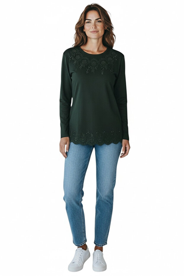 Women's Stone and Embroidered Seasonal Bluse with Collar and Hem