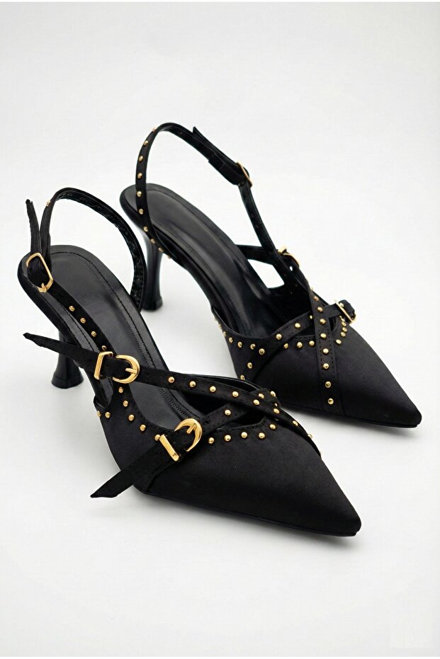Women's Special Design Black Satin Metal Buckle Accessory Upholstered Pointed Toe Thin Heeled Shoes