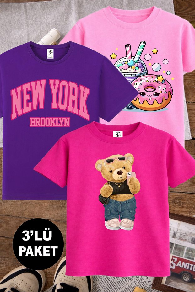 Donut and Selfie Bear Printed 3-Pack Purple-Fuchsia-Pink Girls' T-Shirt