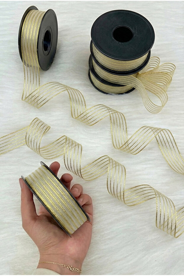 Gold Sim Hilton Striped Chiffon Ribbon 2.5cm 20Mt, Bride, Bundle, Engagement, Dowry, Gift, Wedding, Decoration