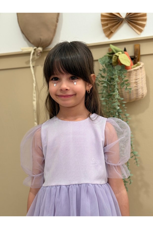 Lilac Short Balloon Tulle Sleeve Detailed Baby Girl Dress with Six Tutus