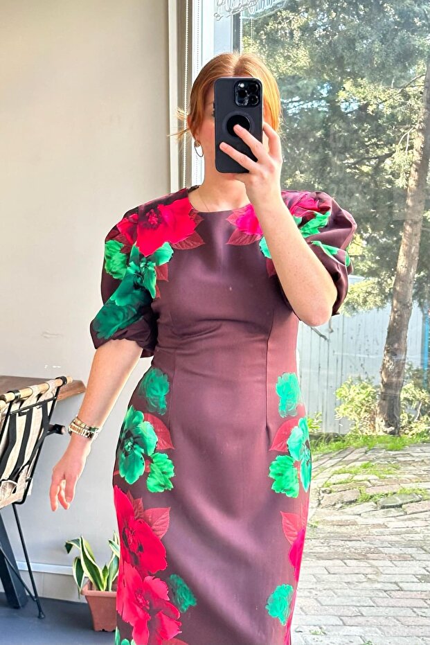 Rochie midi florală maro deschis - 3