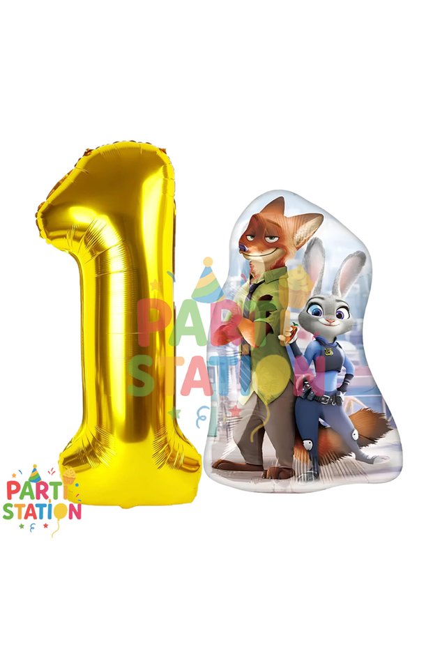 Zootopia Themed 1 Year Old Foil Balloon Set | Golden Figure & Nick Judy Balloon