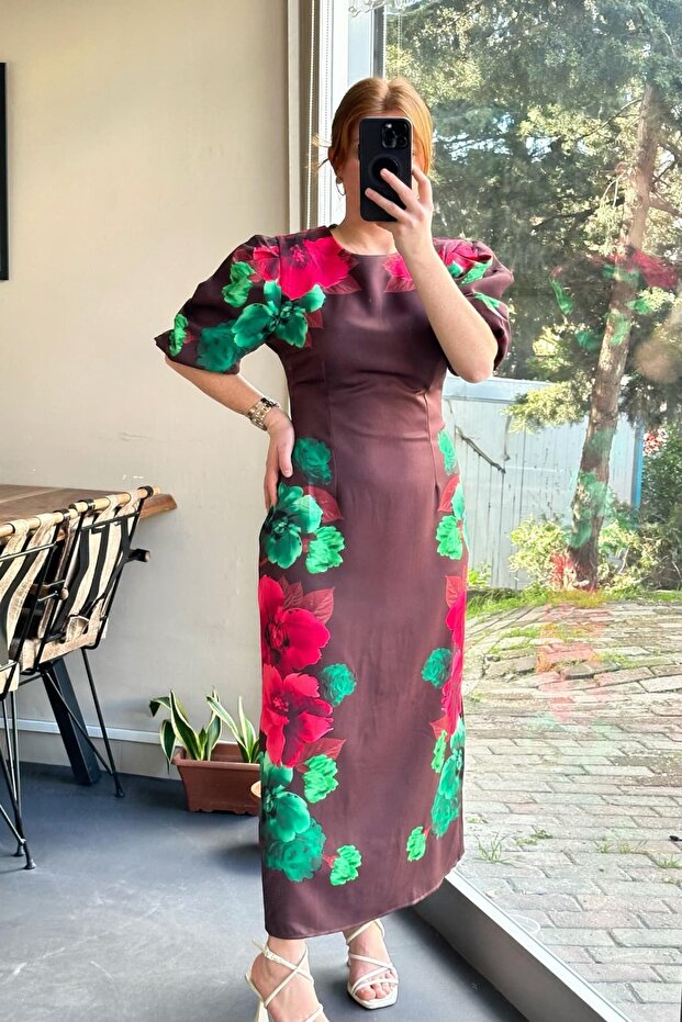 Rochie midi florală maro deschis - 2