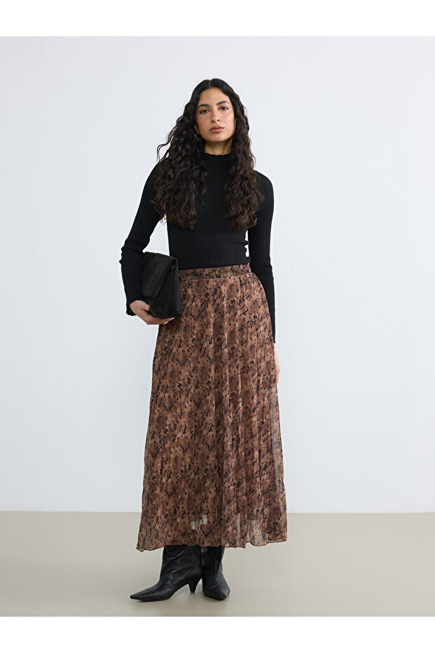Lcw Modest Brown Elastic Waist Skirt Patterned Pleated
