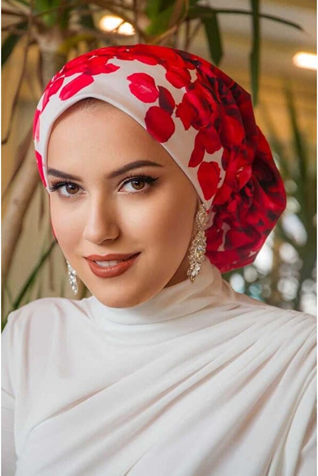 Red Rose Pattern Cagla Ready Turban