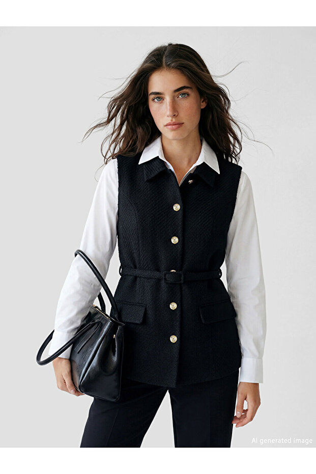 Lcw Modest Shirt Collar Women's Tweed Classic Vest