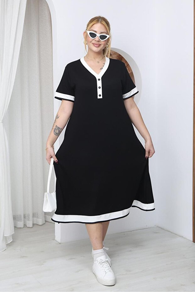 فستان أساسي بأزرار وياقة على شكل V مقاس كبير - 4