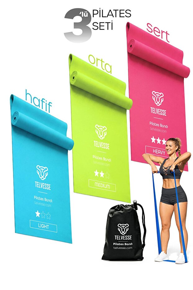 Telvesse 3 Farklı Direnç AÇIK UÇLU Çantalı Pilates Aerobik Egzersiz Squat Lastiği Bant Açık Uç TB3-RGB
