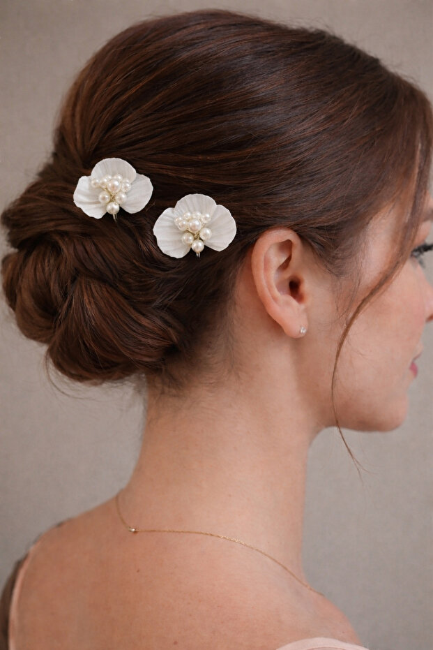 Ceramic Flower Patterned Pearl Bridal Hair Accessory Promise, Engagement, Wedding Bun Hairpin 2 Pieces