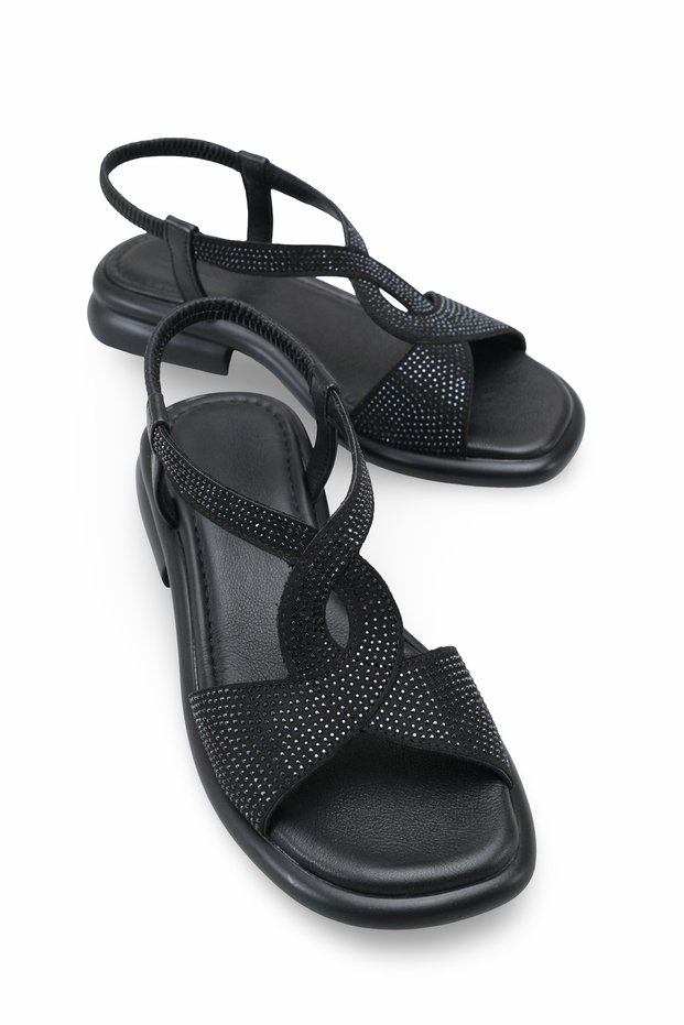 Flarine Black Women's Genuine Leather Stone Detailed Daily Stylish Comfortable Sole Casual Sandals