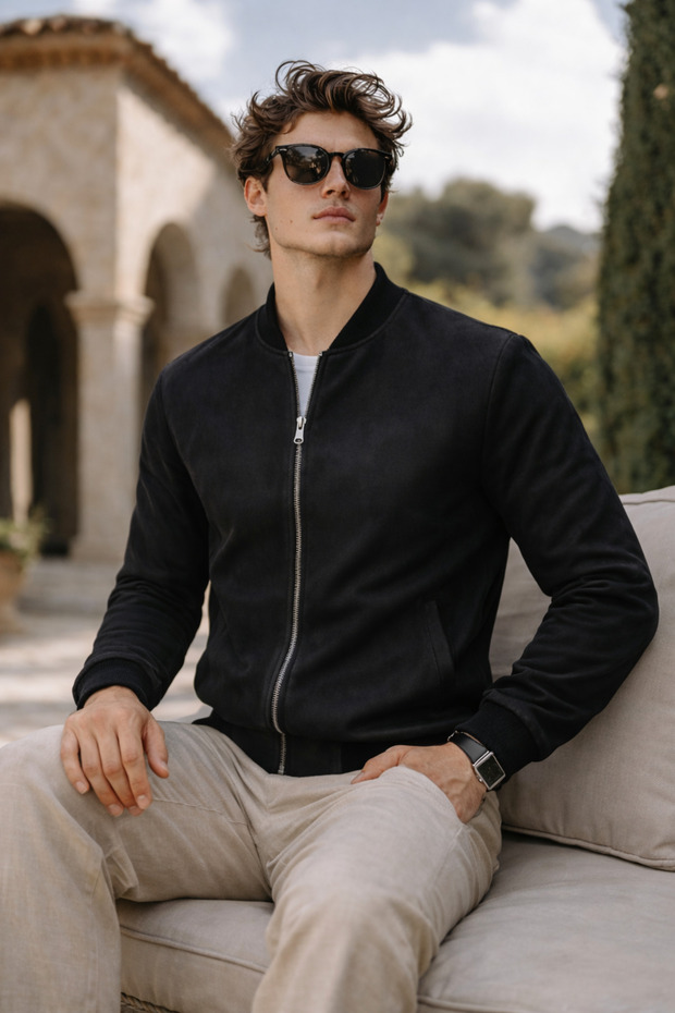 سترة رجالية فاخرة مريحة من جلد النوبوك الأسود - 2