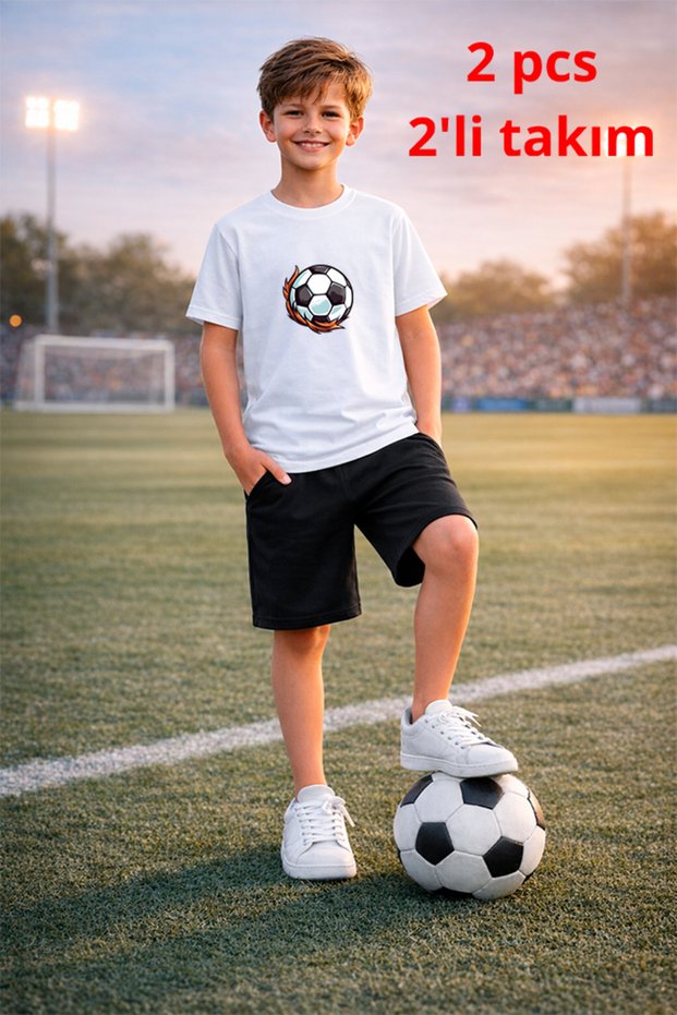 Futbol Soccer Themed Printed T-Shirt T-Shirt Shorts Set 2 in 1