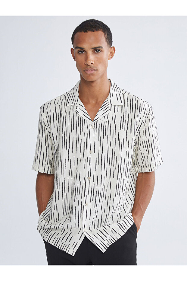 Giyçık Store Den Ecru Regular Fit Resort Collar Short Sleeve Patterned Men's Shirt