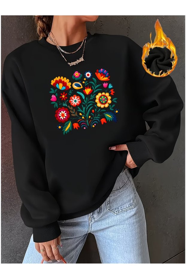 Women's Anatolian Flowers Printed Oversize Crew Neck Sweatshirt