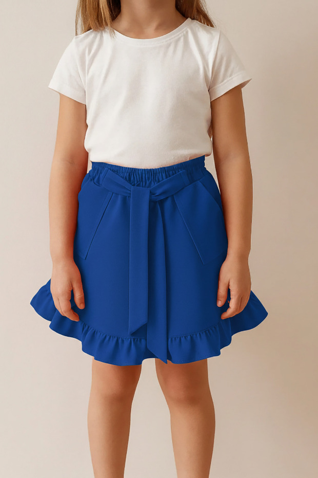 Girl's Cobalt Blue Ruffled Skirt with Pockets and Bow, Elastic Waist, Comfortable Model, April 23, October 29 Show