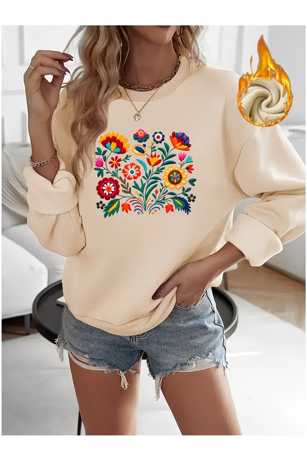 Women's Anatolian Flowers Printed Oversize Crew Neck Sweatshirt