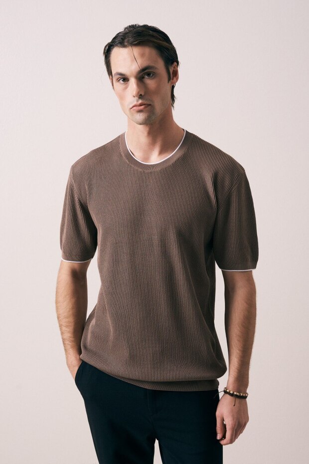 Crew Neck Mink Ribbed Men's Knitwear T-Shirt