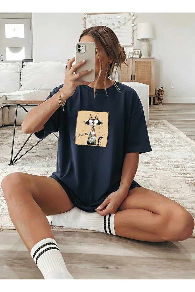 Women's Oversize Cute Cat Summer Printed Navy Blue T-Shirt
