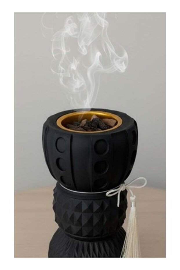 Modern Matte Black Geometric Incense Burner – Triple-Tiered Textured Oud Bakhoor Holder with Decor