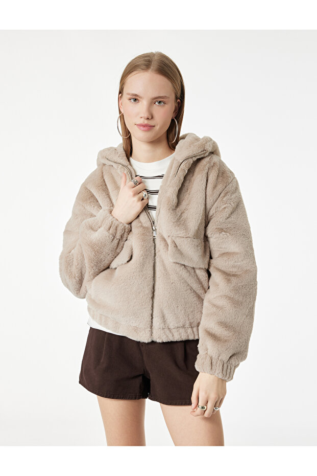 Long Sleeve Zippered Hooded Faux Fur Jacket with Pocket Detail