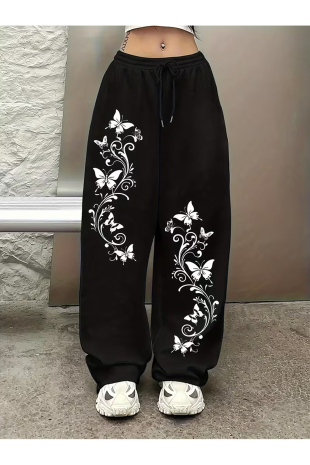 Unisex Butterfly Floral Baggy Cut Wide Leg Sweatpants