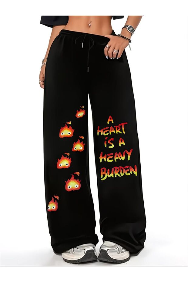 Unisex Heart Heavy Printed Baggy Cut Wide Leg Sweatpants