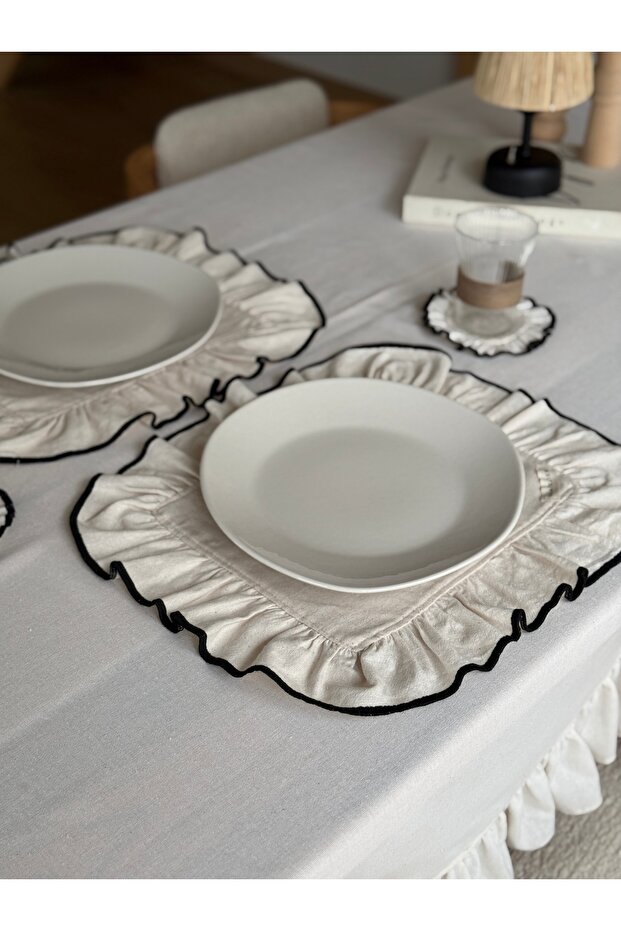 6-Piece Natural Linen Embroidered Rectangular Placemat / American Service Set