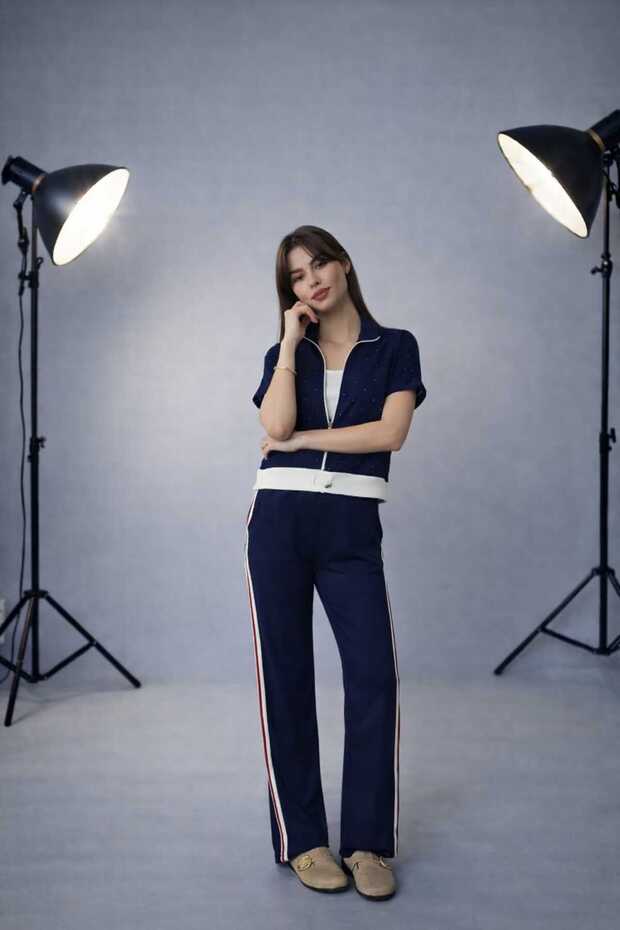 Women's Short Sleeve Modal Tracksuit Set with Stone Detailing and Garnish